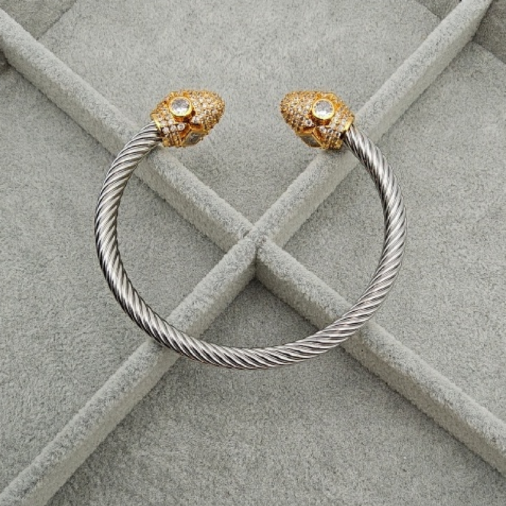 18k Gold Plated Dual Toned Stainless Steel Cable Twist Cuff Bangle, Rhinestones